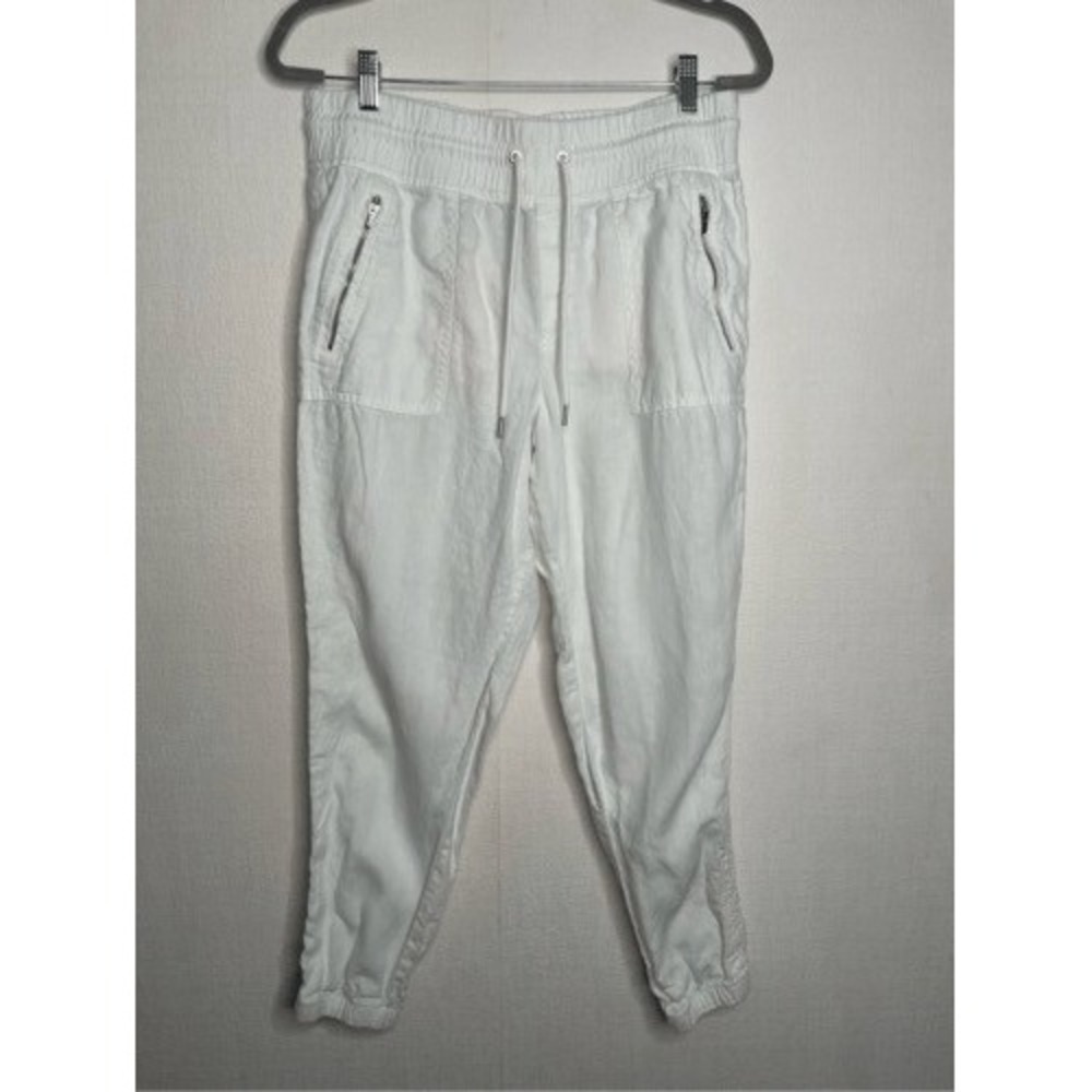 Athleta White‎ Zip Pockets Drawstrings Joggers Pants Women 12 Vietnam 100% Linen